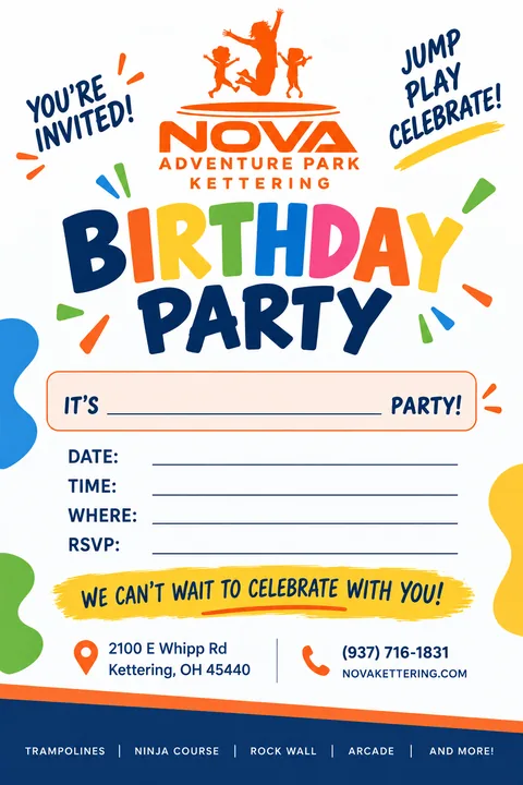 Invitación imprimible de fiesta de cumpleaños de Nova Adventure Park Kettering con espacios para lugar, fecha, hora y confirmación de asistencia