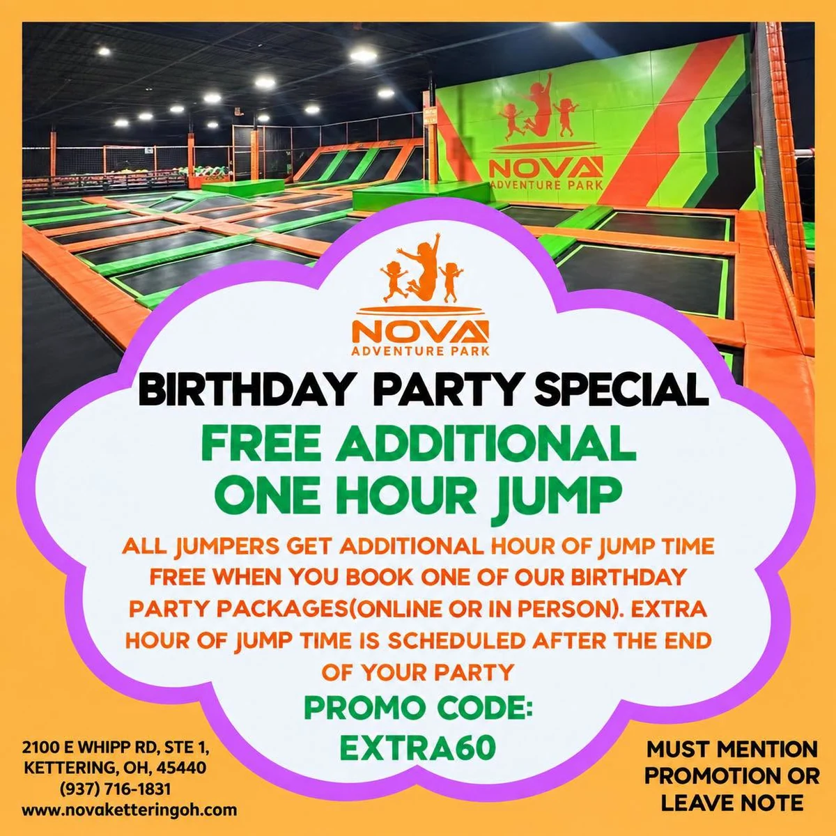 Birthday Party Special: free additional one-hour jump for all jumpers when you book a birthday party package. Use promo code EXTRA60.