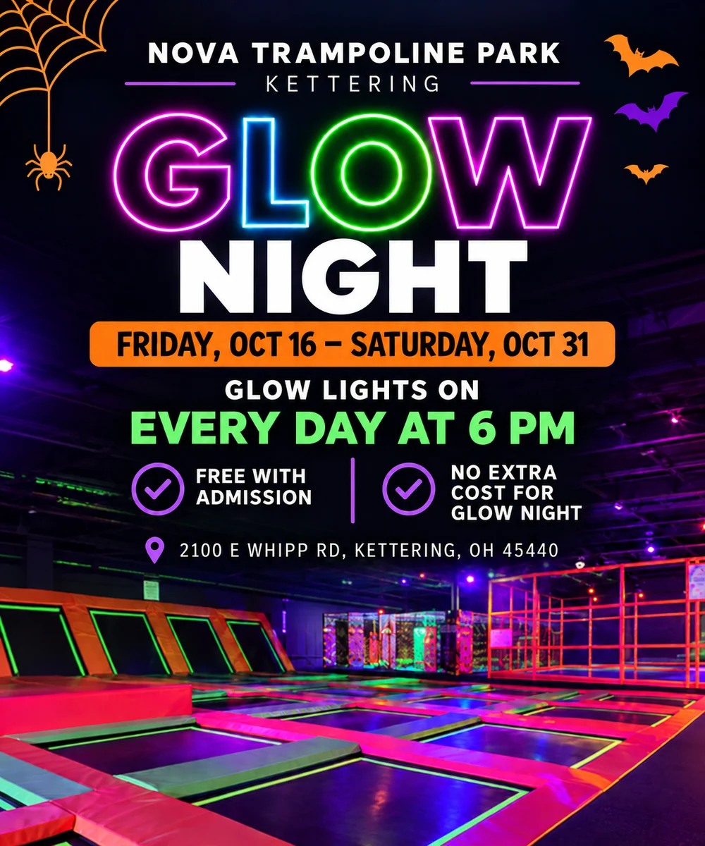 Glow Night at Nova Adventure Park Kettering, Friday October 16 to Saturday October 31: glow lights on every day at 6 PM, free with admission, no extra cost.