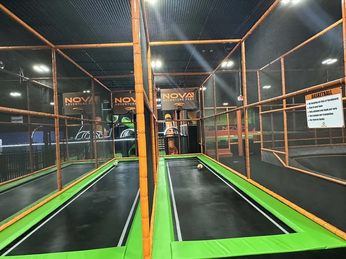 Rows of connected trampolines at Nova Adventure Park